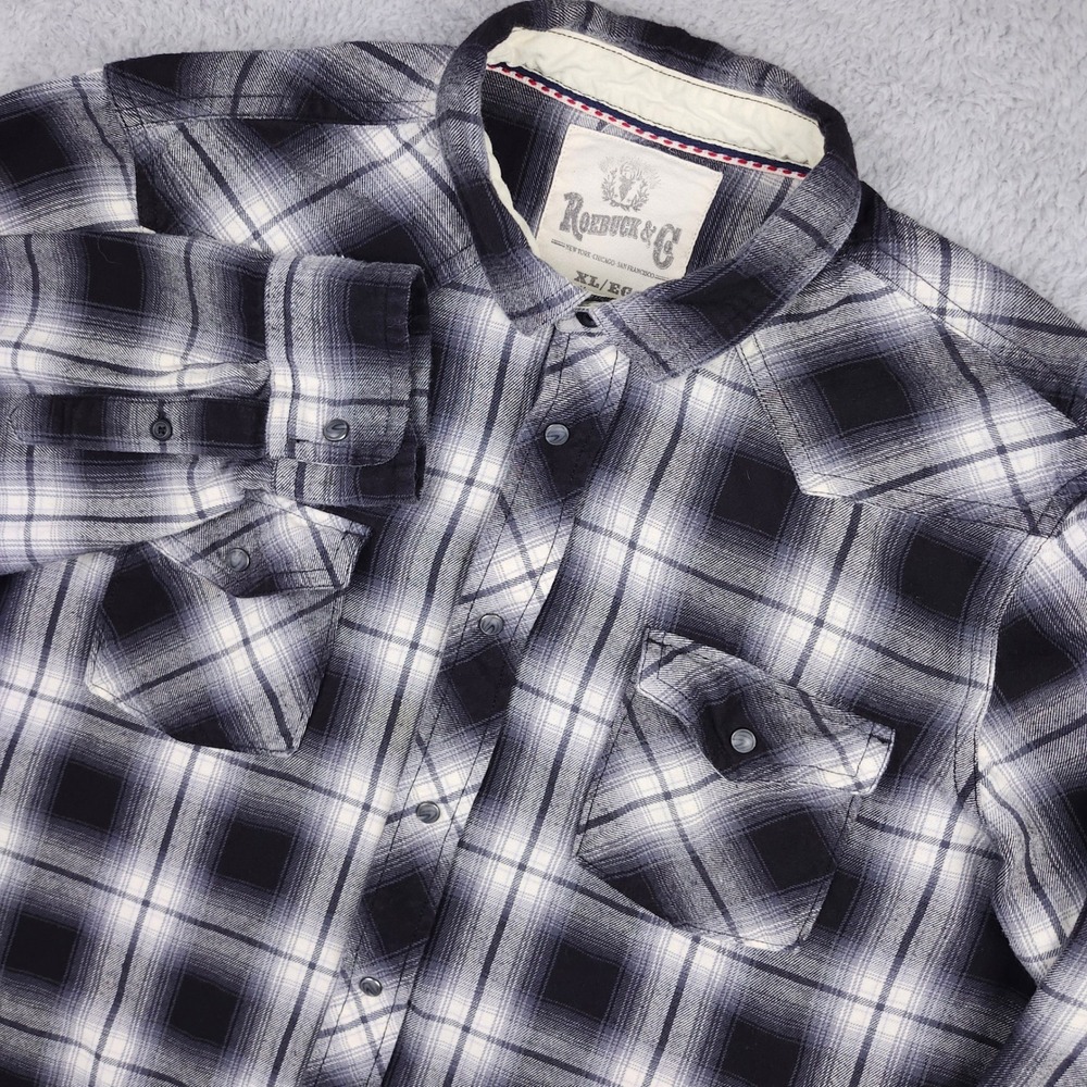 Roebuck & Co Flannel Shirt Mens XL Black White Plaid Western Pearl Snap Cotton